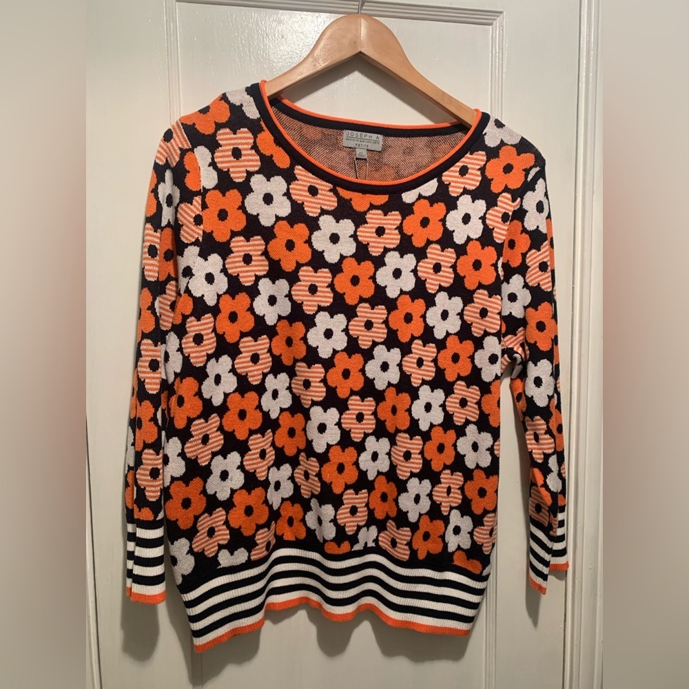 Joseph A NWT Orange and White 60s 70s Floral Retro Daisy Sweater PL Flower Power